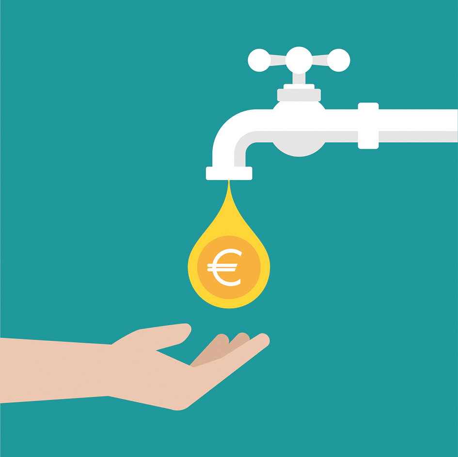 Grafik eines Wasserhahns mit einem Wassertropfen aus Geld 