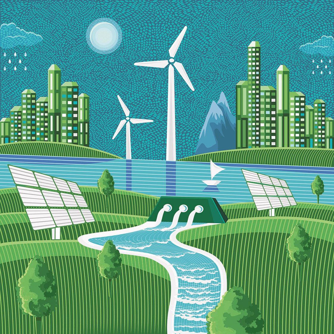 gemalte Grafik mit Arten der umweltfreundlichen Energiegewinnung