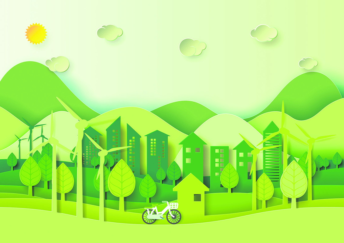 Illustration einer grünen Stadt mit Hochhäusern und Windrädern.